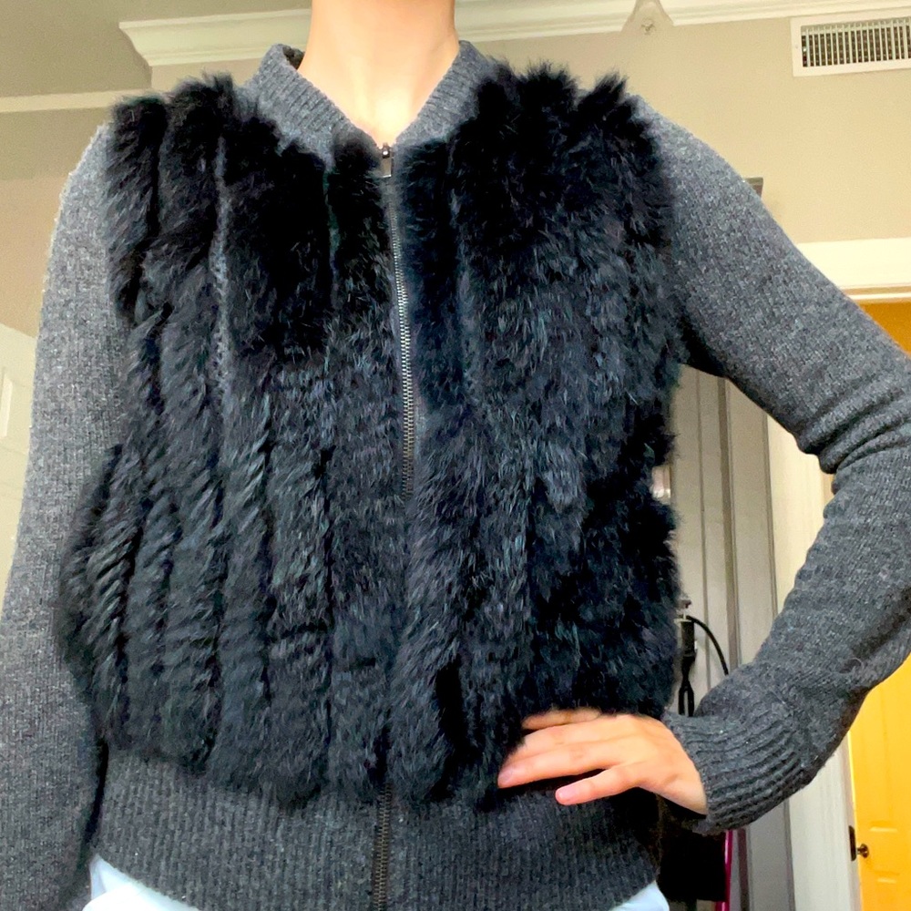 Diane von Furstenberg Rabbit Fur Sweater Marled Gray Zip Up
